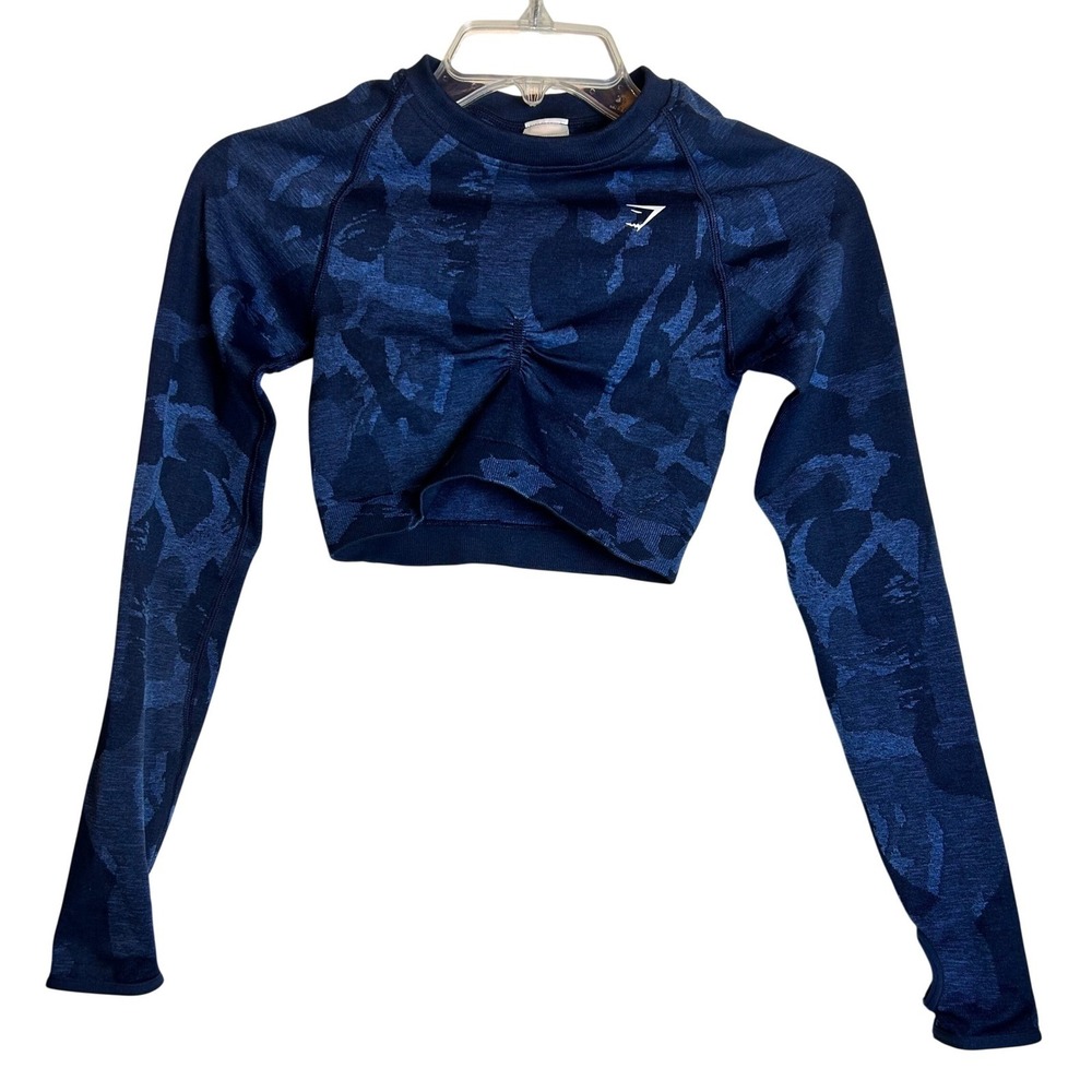 Gymshark Camo Seamless Long Sleeve Crop Workout Top Women's XS Blue